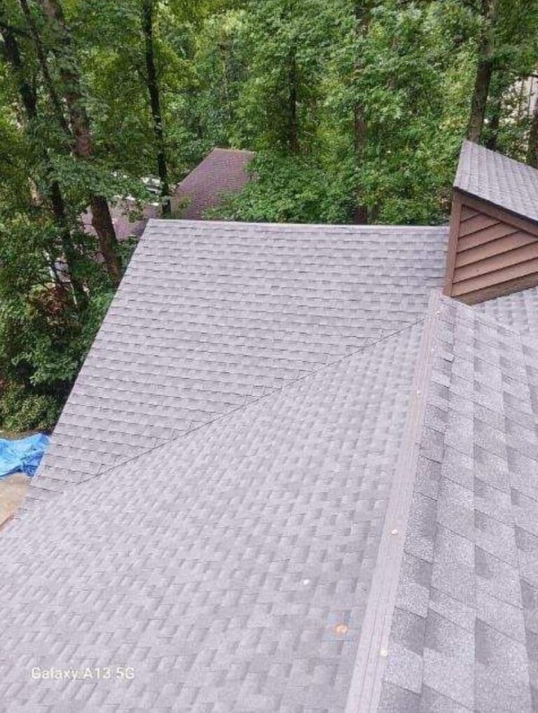 A gray shingled roof is seen from above with a background of lush green trees, conveying a serene, natural setting. A brown dormer is visible.