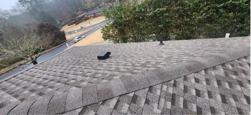 A gray shingled roof viewed from above, with trees, a road, and houses in the background on a cloudy day, conveying a calm suburban setting.