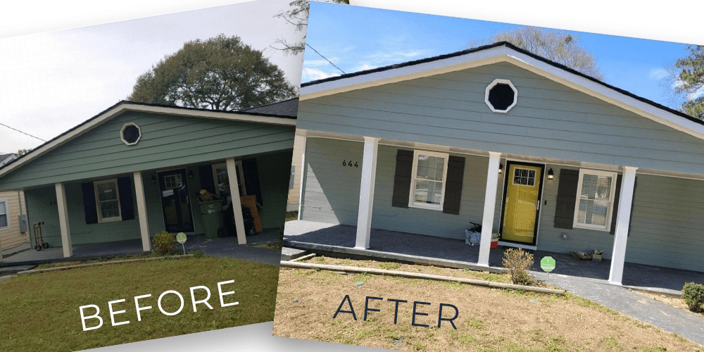 Side-by-side images of a house before and after renovation. The "before" image shows a dark green exterior, while the "after" image features a refreshed, lighter green paint, white columns, and a bright yellow door.