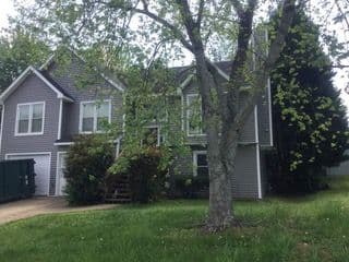 A two-story gray house with white trim, partially obscured by a tree. Green lawn in the foreground, driveway to the left. Overcast sky adds a calm tone.
